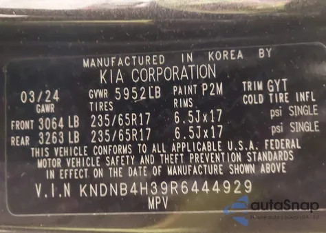 2024 Kia Carnival Mpv Lx Seat Package from USA, damaged, VIN KNDNB4H39R6444929